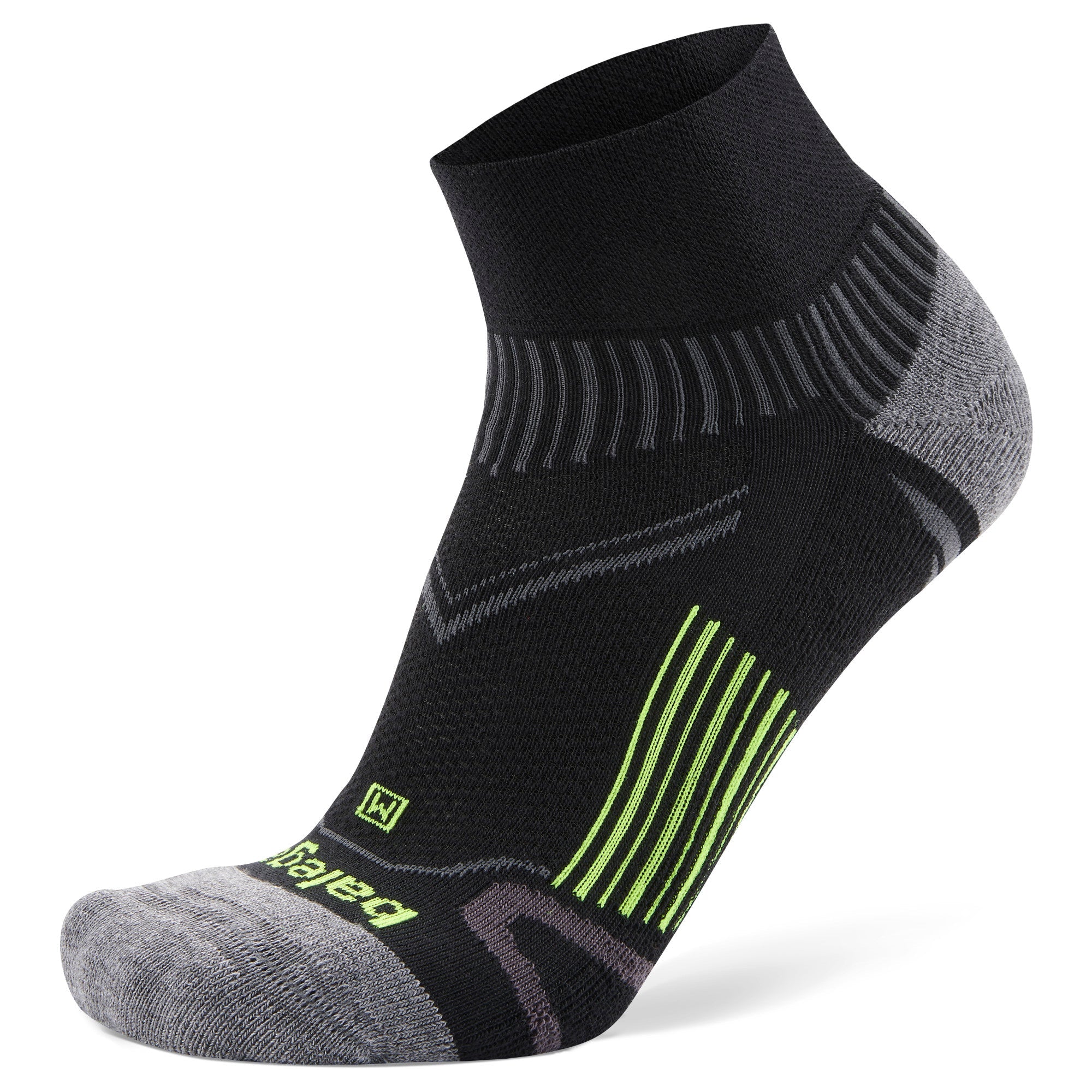 Side view of grey, black, and neon, Enduro, quarter length socks, by by Balega