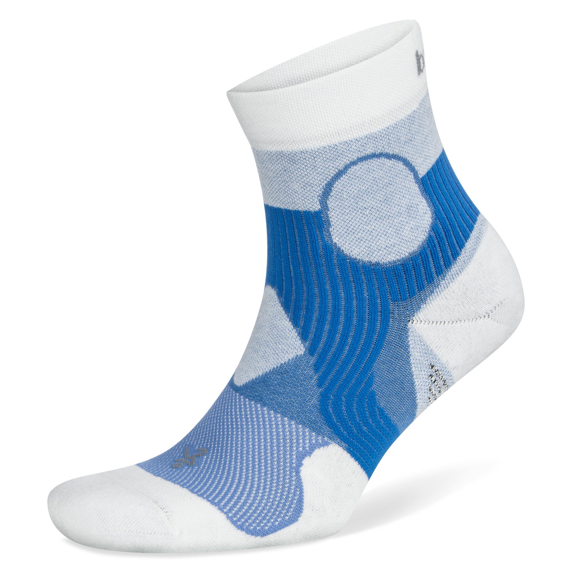 Side (outer) view of blue and white, Support collection, quarter length socks, by Balega 