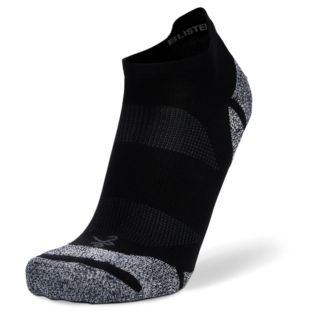 Side view of black Blister Resist Light no show socks by Balega