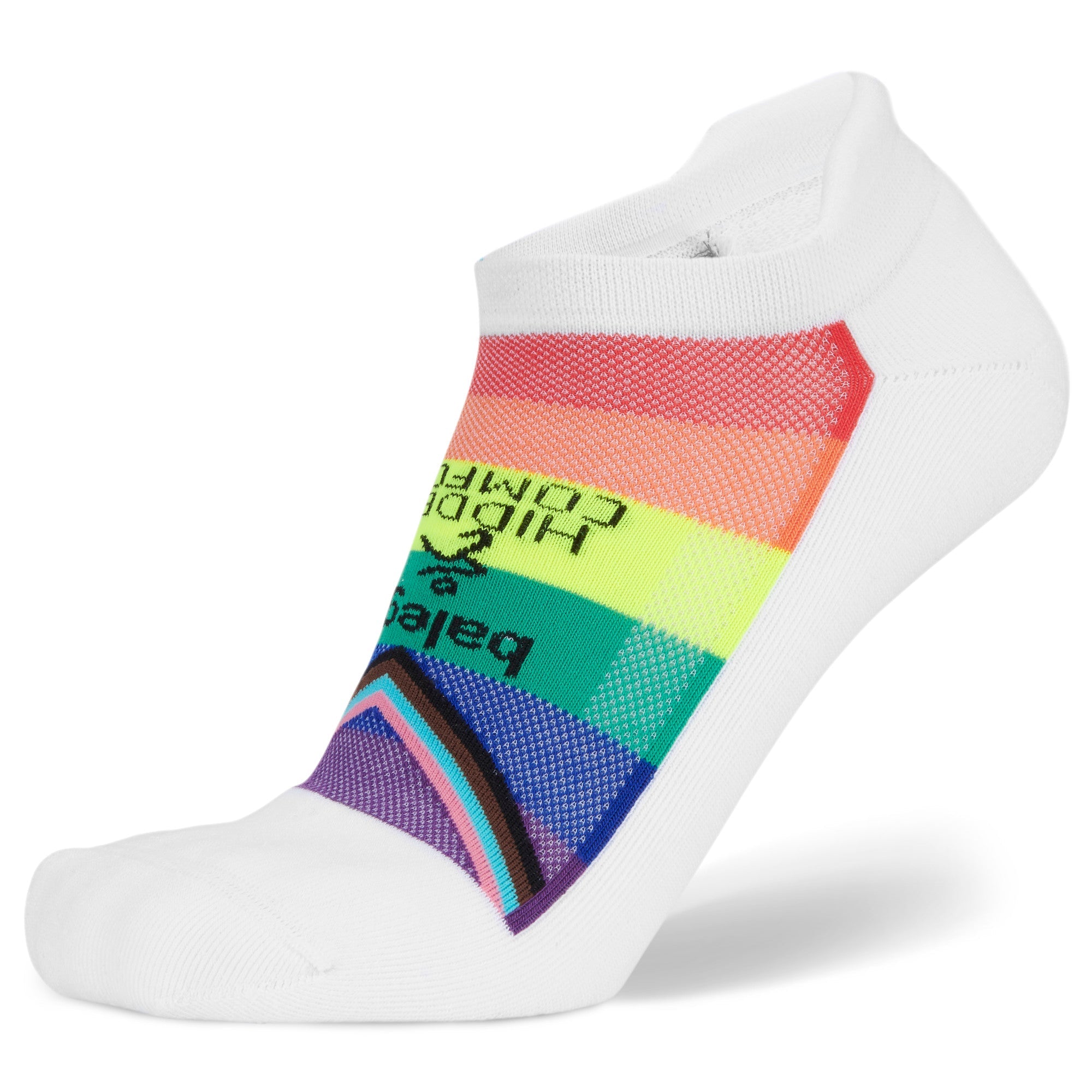 Side (outer) view of rainbow striped Pride Hidden Comfort no show socks, by Balega