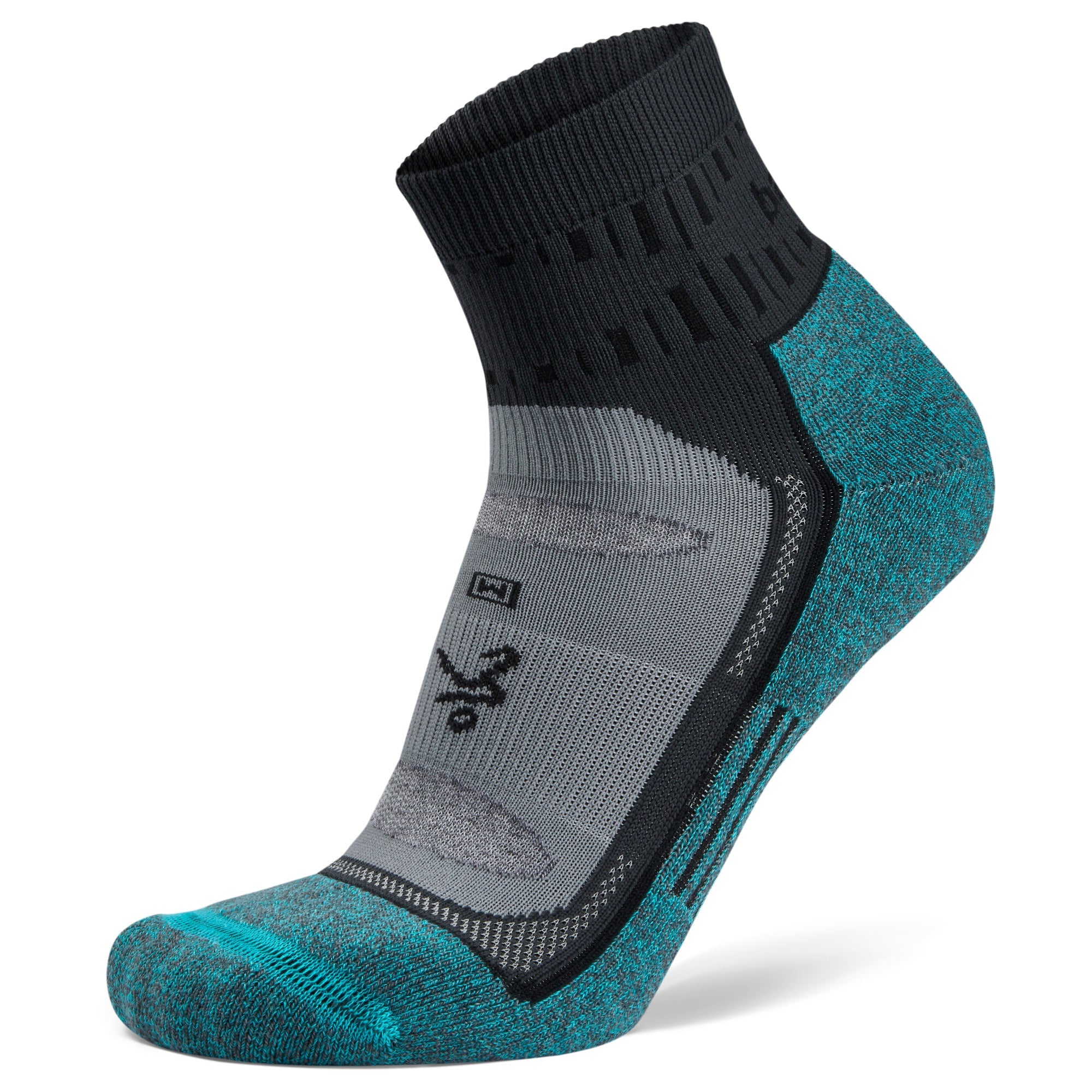 Angled, front view of grey, black, and teal, quarter length, Blister Resist socks, by Balega 