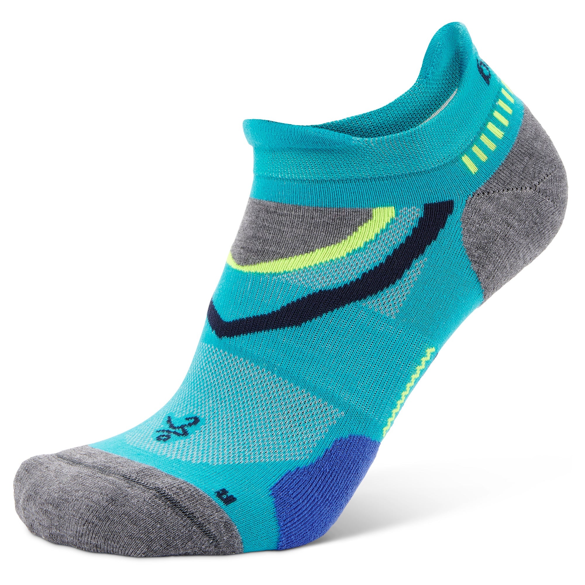 Side view of lake-blue and heather-grey, UltraGlide, no show socks, by Balega