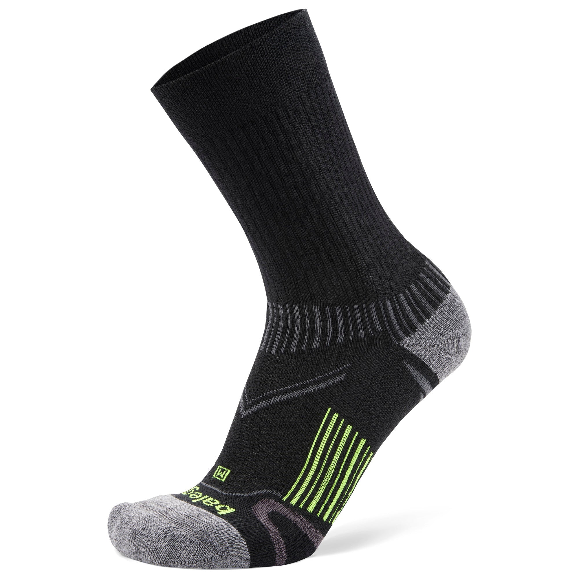 Side view of black, grey, and neon, Enduro, crew socks, by Balega